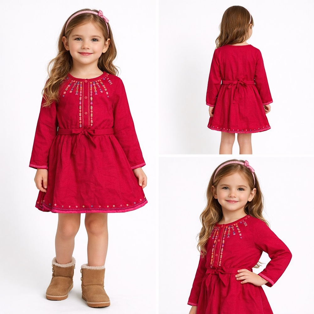 Burgundy Long Sleeve Dress with Belted Waist Embroidered Floral Detail